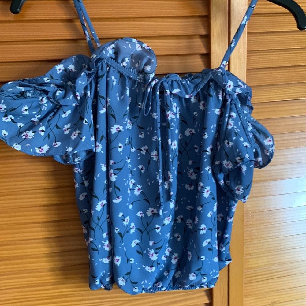Light blue with white flowers, off the shoulder tank top, size small